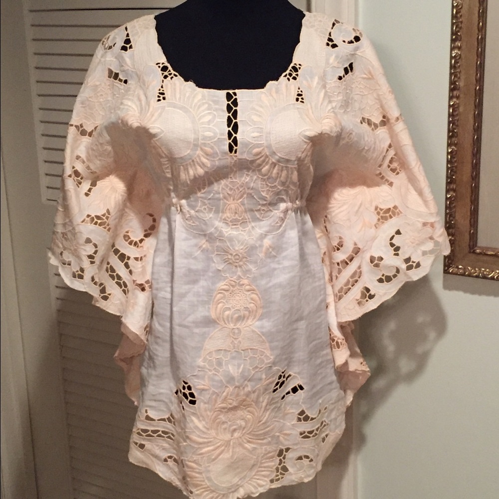 Yoana Baraschi Cream Embroidered Cutout Cotton Blouse